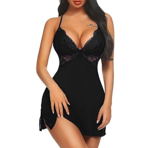 Nightie Lingerie Lace Chemise Sleepwear Babydoll Teddy Nighty Dull Black - Picture 6 of 7